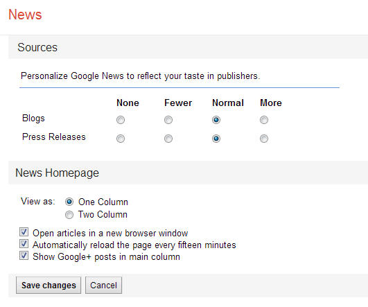 screenshot of the settings page in Google news