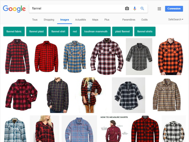 copie d'écran de la recherche d'images de Google, quand on tape "flannel" : on voit des images de chemise