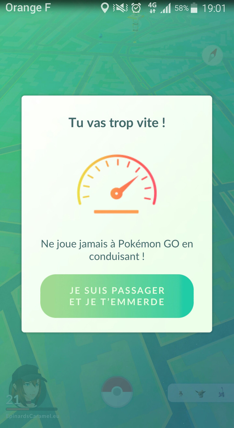 Copie d'écran de la mise à jour de Pokémon Go : nouveau message "je suis passager.. et je t'emmerde". (humour)