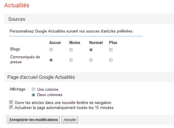 screenshot of Google news' settings