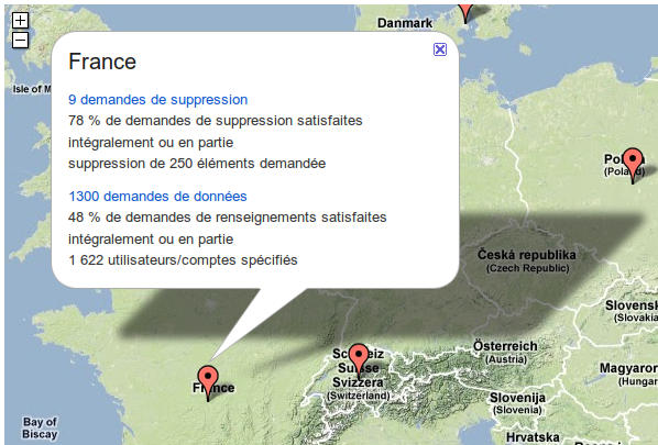 carte de france, nombre de demande de retrait d'information chez Google