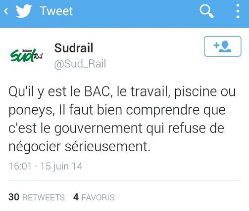 Copie d'écran d'un tweet de SUD Rail