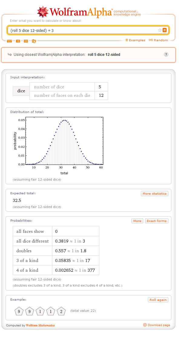 wolfram alpha result for "roll 5 12-sided die"
