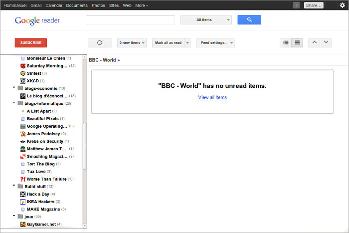 copie d'écran de google reader