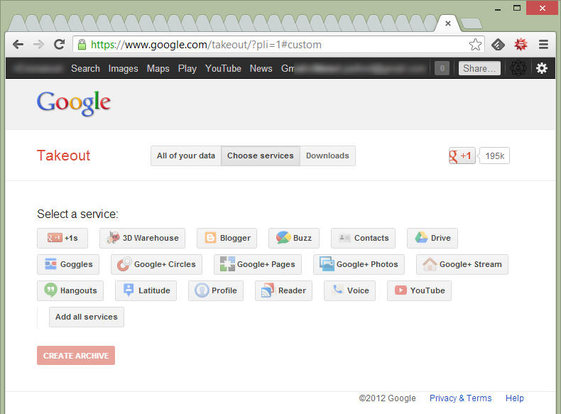 screenshot of google takeout